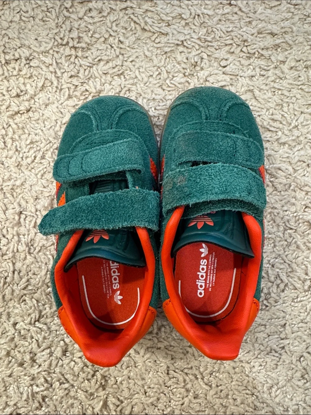 adidas Kids Gazelle Green Suede Sneakers with Orange Stripes